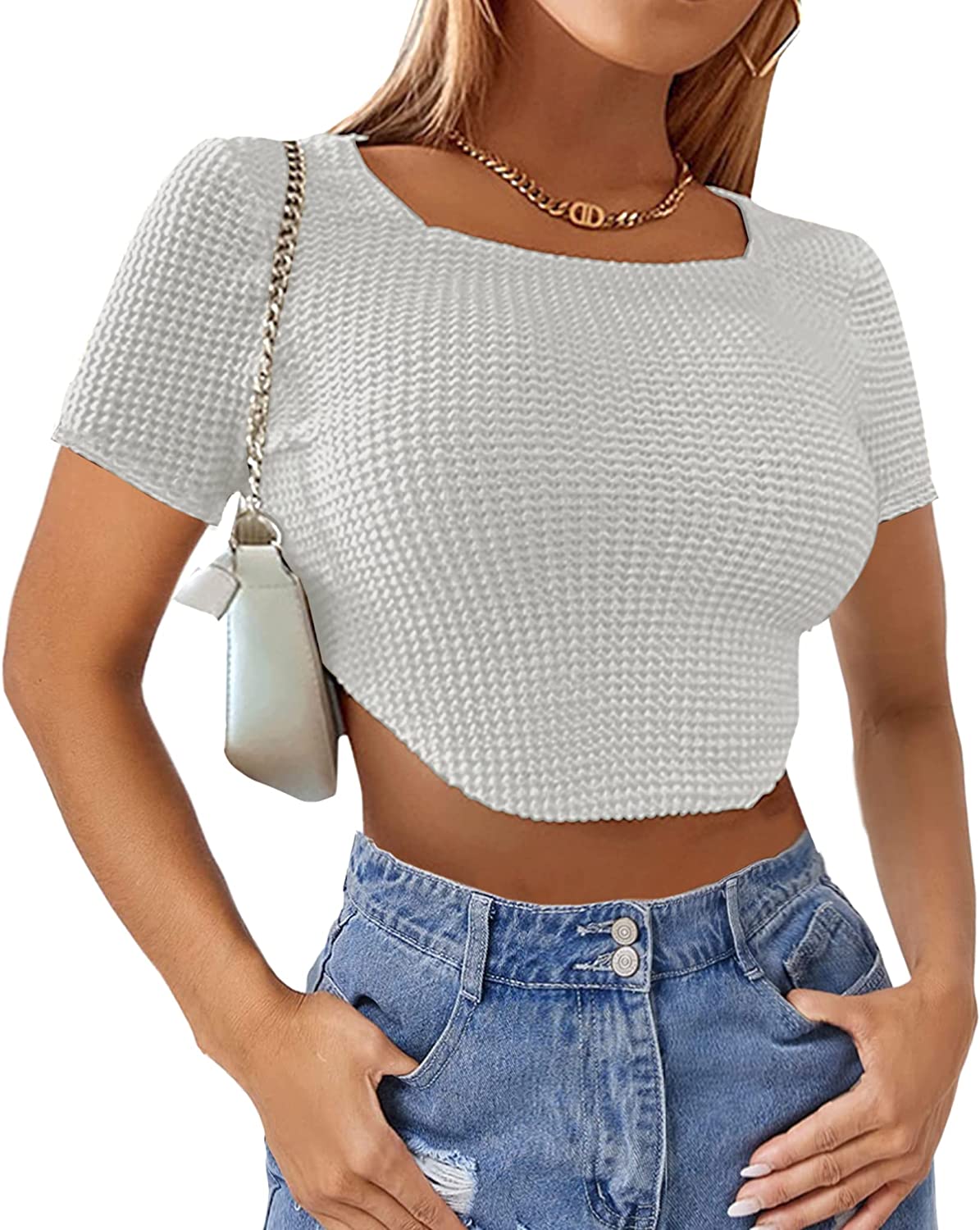 230816053356609_1 Meladyan Women Long Sleeve Knitted Solid Crop Top Square Neck Fitted Asymmetrical Hem Cropped Tee Shirts - Image 1